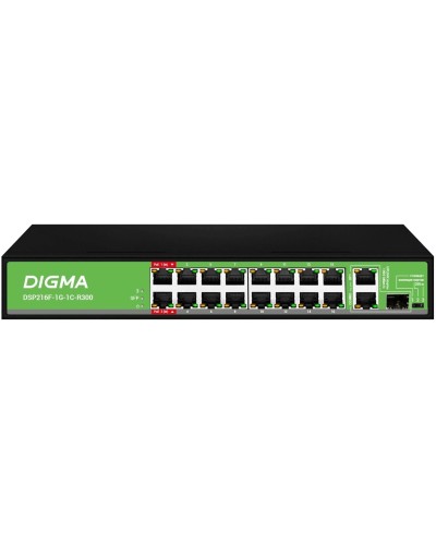 DSP216F-1G-1C-R300 (L2) 16х100Мбит/с 1х1Гбит/с 1хКомбо(1000BASE-T/SFP) 16PoE 16PoE+ 2PoE++ 300W. Коммутатор с питанием по PoE. Digma в Санкт-Петербурге