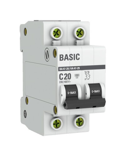 Автоматический выключатель 2P 20А (C) 4,5кА ВА 47-29 Basic (mcb4729-2-20C). Автоматический выключатель. EKF в Санкт-Петербурге