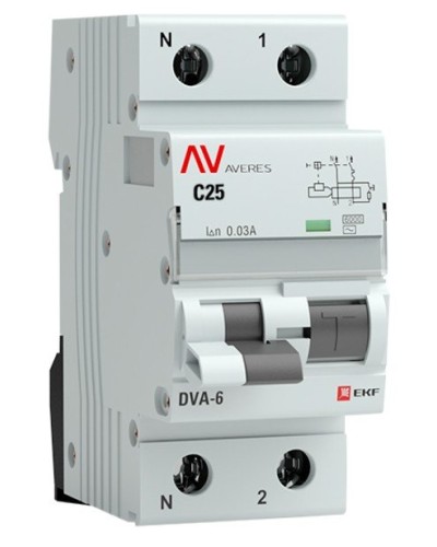 DVA-6 1P+N 25А (C) 30мА (AC) 6кА  AVERES (rcbo6-1pn-25C-30-ac-av). Автоматический выключатель дифференциального тока. EKF в Санкт-Петербурге