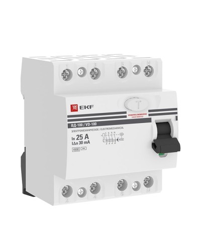 УЗО ВД-100 4P 25А 30мА тип AC эл-мех  PROxima (elcb-4-25-30-em-pro). Выключатель дифференциального тока (УЗО). EKF в Санкт-Петербурге
