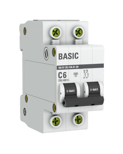 Автоматический выключатель 2P 6А (C) 4,5кА ВА 47-29 Basic (mcb4729-2-06C). Автоматический выключатель. EKF в Санкт-Петербурге