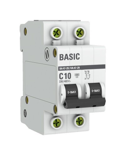 Автоматический выключатель 2P 10А (C) 4,5кА ВА 47-29 Basic (mcb4729-2-10C). Автоматический выключатель. EKF в Санкт-Петербурге