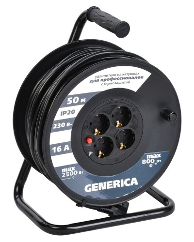 УК50 4 места 2P+PE, 50м GENERICA (WKP20-16-04-50-G). Удлинитель на катушке с термозащитой, 3х1,5кв.мм. IEK в Санкт-Петербурге