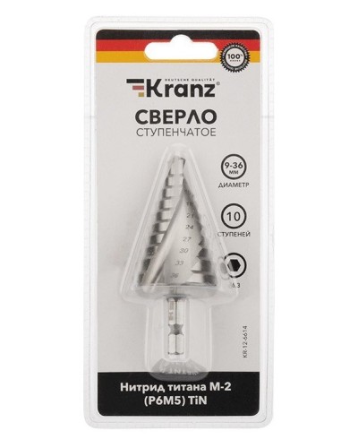 Сверло по металлу ступенчатое ТИТАН 9,0-36,0 мм 110 mm 65 HRC Р6М5 TiN Kranz (KR-12-6614): Сверло по металлу шлифованное в Санкт-Петербурге