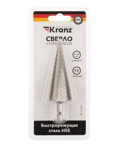 Сверло по металлу ступенчатое 4,0-32,0 мм 102 mm 62 HRC Kranz (KR-12-6603): Сверло по металлу шлифованное в Санкт-Петербурге