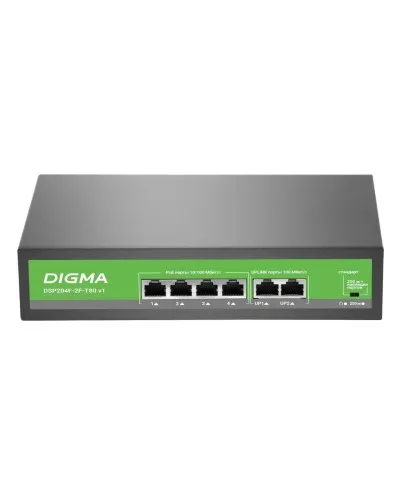 DSP204F-2F-T80 DSP204F-2F-T80 V1 (L2) 6х100Мбит/с 4PoE 4PoE+ 80W. Коммутатор с питанием по PoE. Digma в Санкт-Петербурге